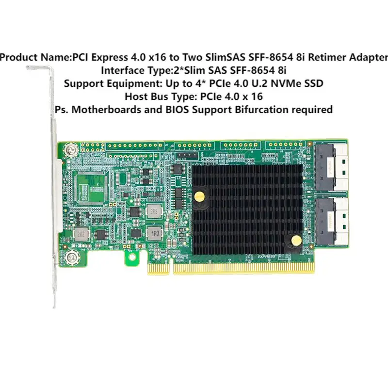 PCI Express 4.0 x16 to Two SlimSAS SFF-8654 8i Retimer Adapter Equipped with two SFF8654 8I-2 * 8639