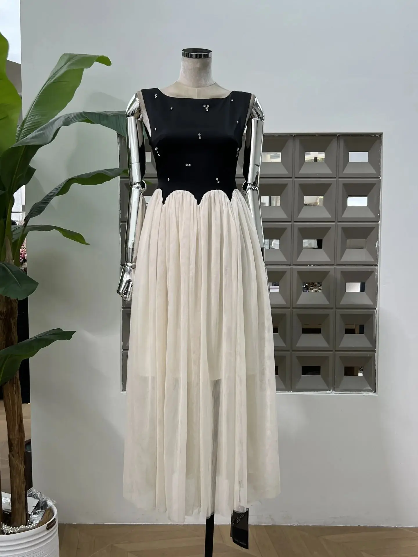 Neue Vintage-Midikleider für Damen, Farbblock-Mesh, ärmellos, quadratischer Ausschnitt, Strass, Party, formelles Abendkleid, Abschlussball, elegantes Kleid