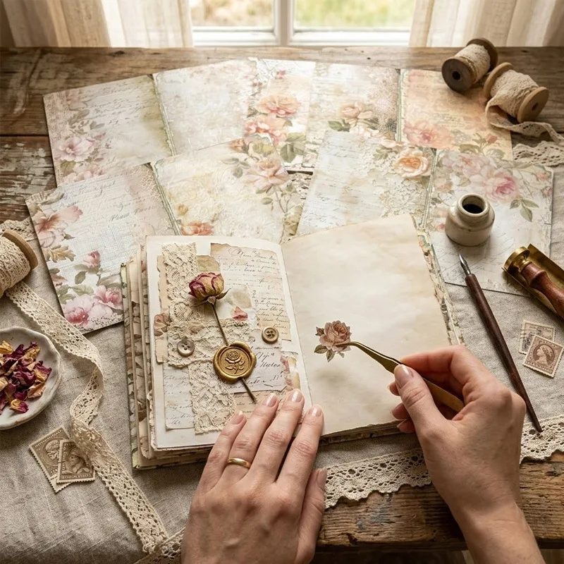 Antique Vintage Pink Peony Flower Lace Old Handwriting Letter Collage Pattern Paper Handmade Decor DIY Scrapbook Craft