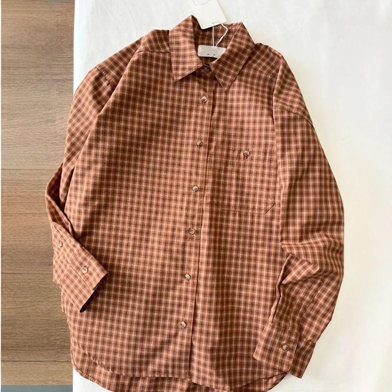 

Loose Long Sve Plaid irt Vintage Korean Sle Autumn Winter New Arrival Women's Faion irt Button Closure Regular Length