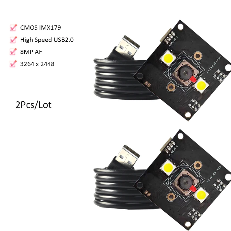 

2Pcs/Lot 4K 8MP 3264X2448 SONY IMX179 USB2.0 Camera Module AF 75° High Speed With Two LED Lights