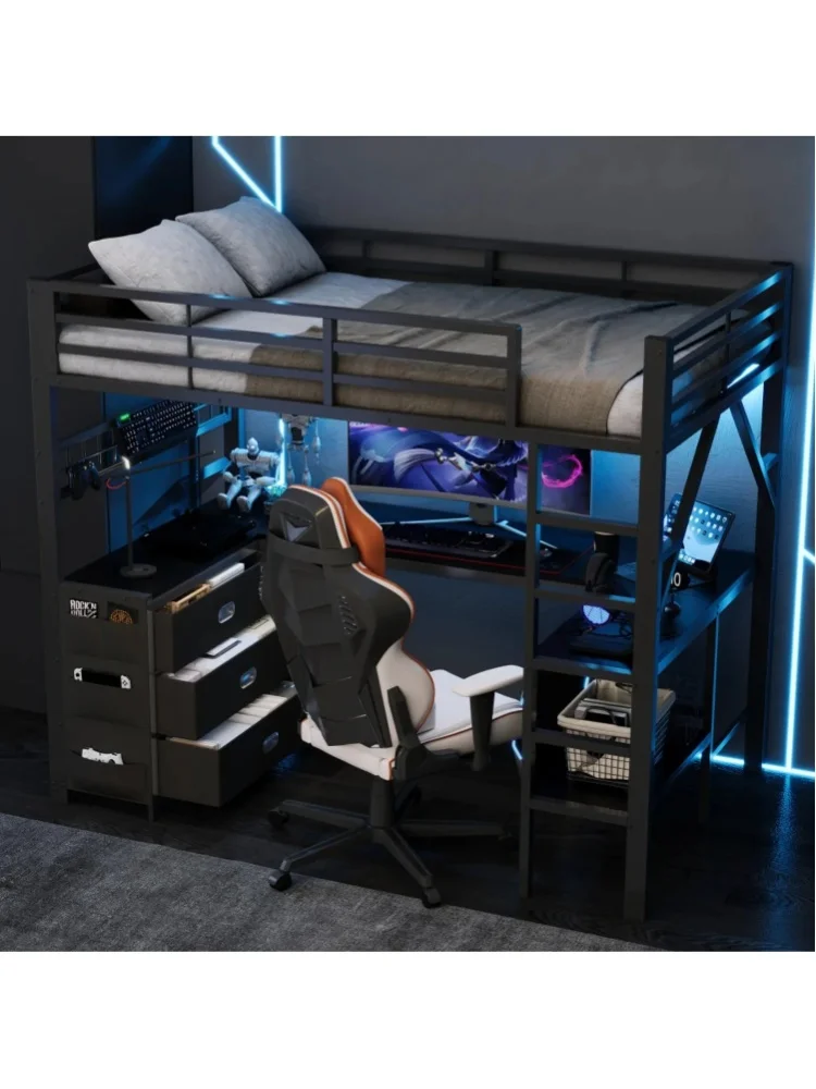 Modernes Gaming-Metall-Hochbett mit Schreibtisch, Schubladen und Regal, Hochbett mit Arbeitsplatz unter dem Bett, Robuster Stahlrahmen, platzsparende Lern- und Schlafzimmermöbel für Jugendliche,