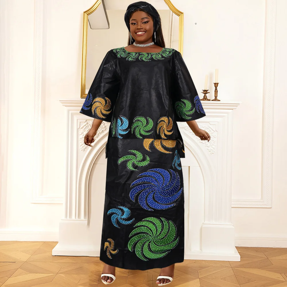 African Clothes for Women 2024 Plus Size Dashiki Ankara Evening Gown Bazin Wedding Party Long Dresses with Headscarf New