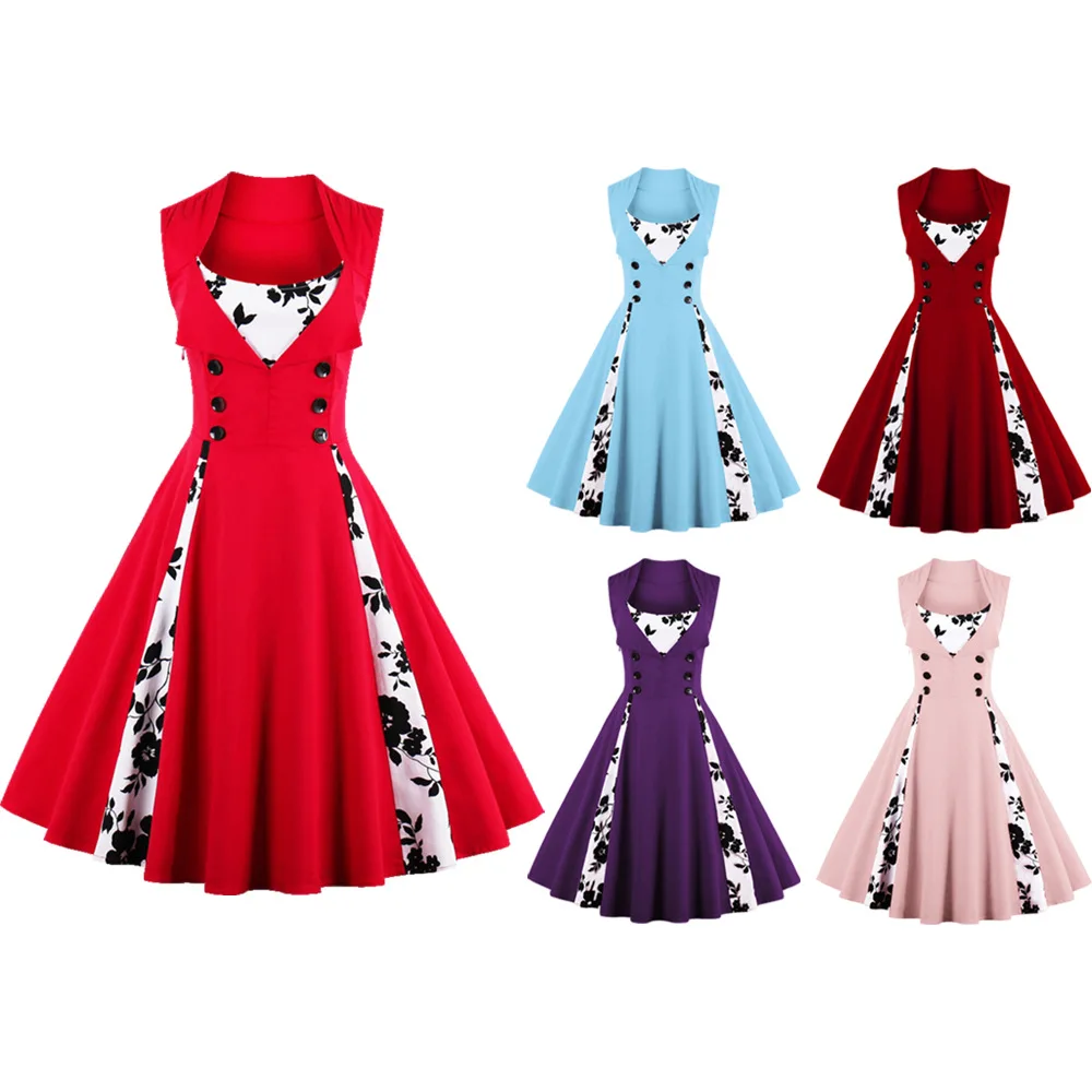 Vintage Damska Letnia Sukienka Duży Rozmiar Bez Rękawów Kwiatowy Swing Suknie Wieczorowe Elegancka Casualowa Tunika Plus Size Платье