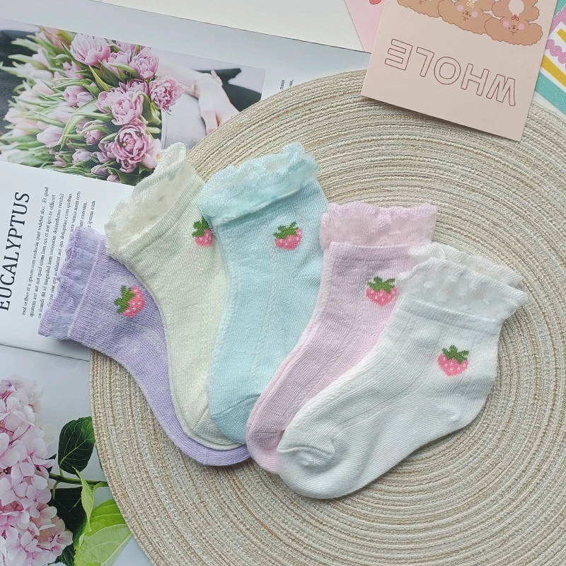 Girls' Socks Thin Children's Short Socks Girls' Baby Spring/Summer Mesh Solid Color Princess Socks 5 Pairs