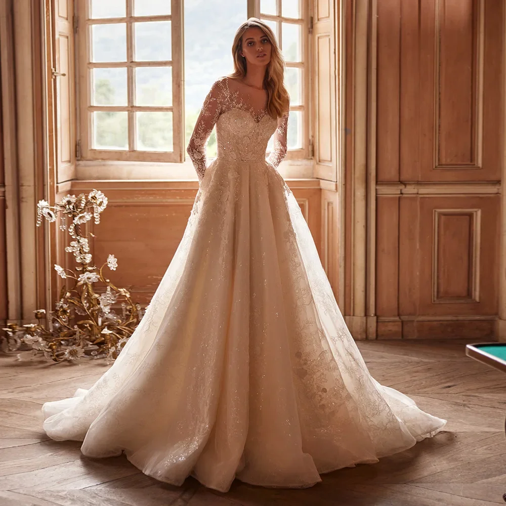 

Flavinke Customized Robe Mariage Shining Long Sleeve Wedding Dresses Beading Appliques Vestidos De Novia Illusion Back Vintage