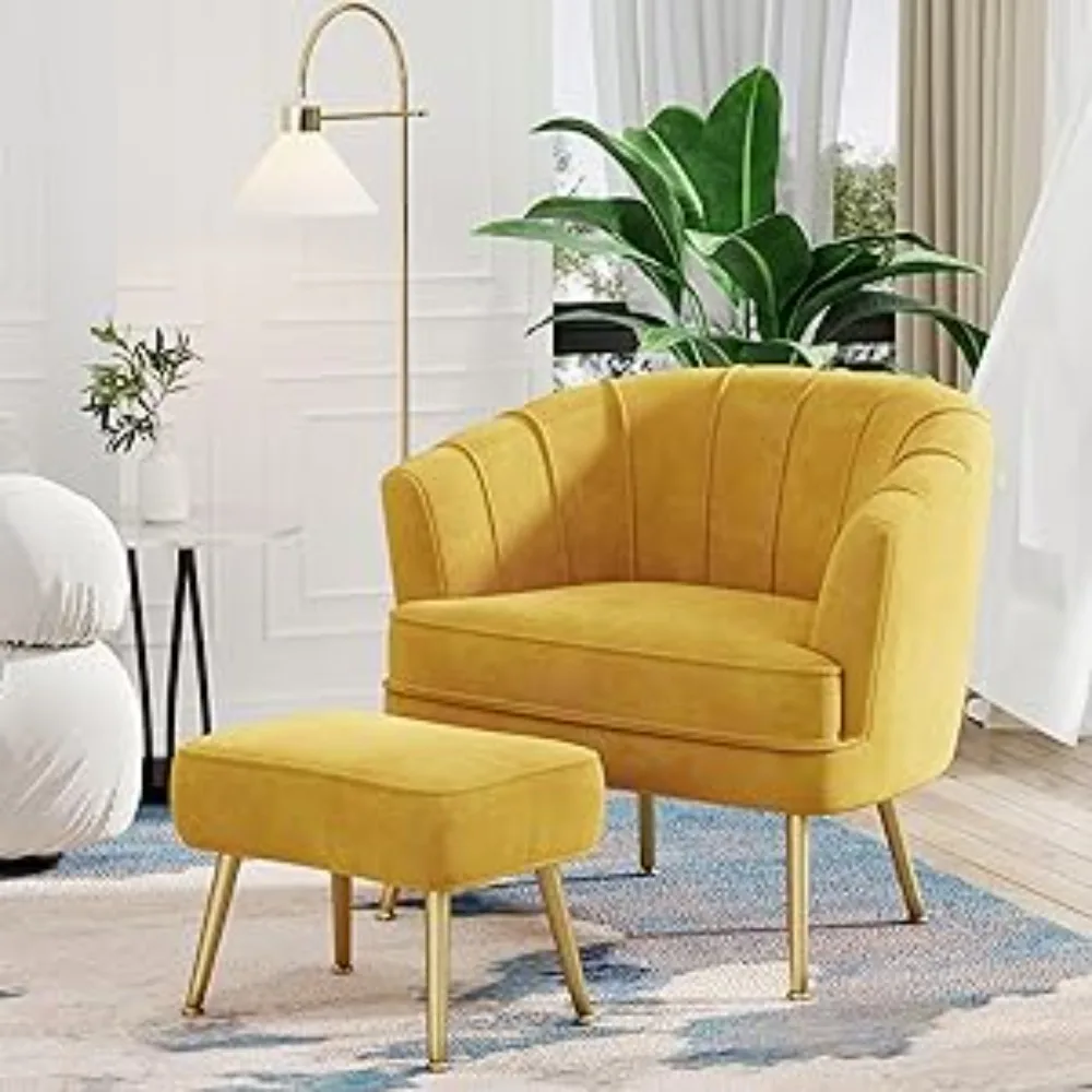 Andeworld Velvet Accent Chair with Ottoman, Upholstered Modern Single Sofa Side Chair,Comfy Barrel Club Living Room Armchair