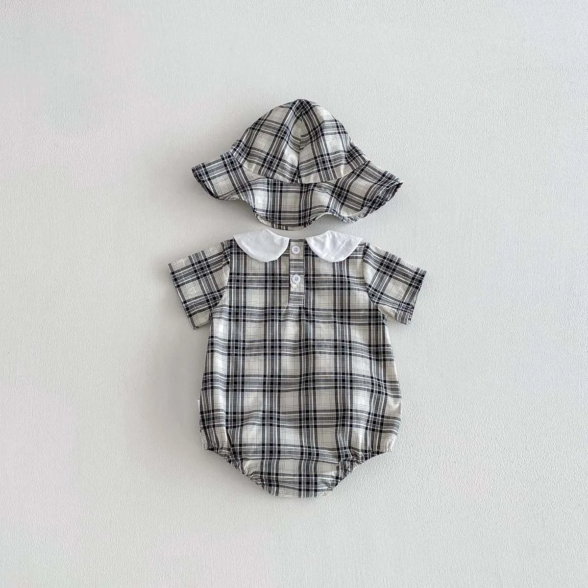 2Pcs/Set Baby Boy Plaid Romper + Hat Summer Short Sleeve Peter Pan Collar Infant Outfit 0-24m