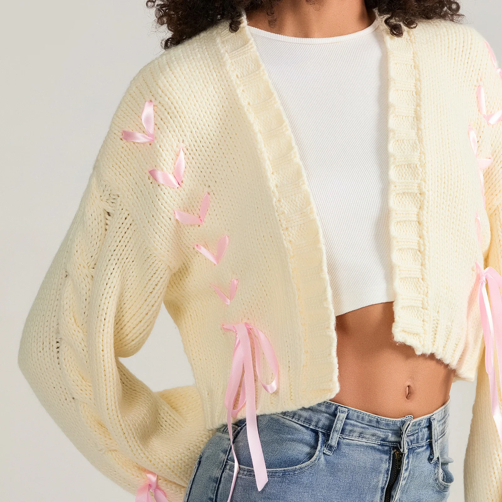 

Dourbesty Women Fairycore Bow Knot Sweater Cardigan Y2k Long Sleeve Open Front Ribbon Knitwear Fall Cottagecore Sweaters 2025