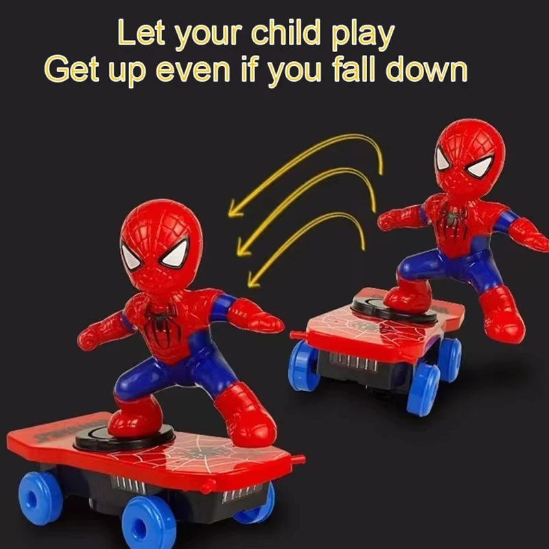 Spiderman Skateboard Rotasi Flip Otomatis Mobil Acousto-optik Mainan Anime Skuter Aksi Musik Listrik Hadiah Ulang Tahun Natal
