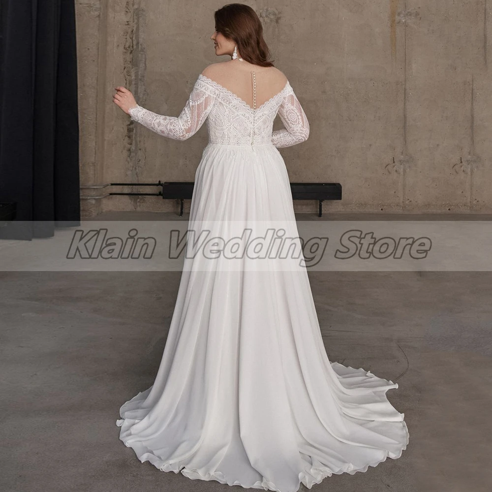 Klassische A-Linie plus Größe Seitens chlitz Brautkleider Spitze Schaufel lange Ärmel Chiffon Braut mit Court Zug Knopf zurück