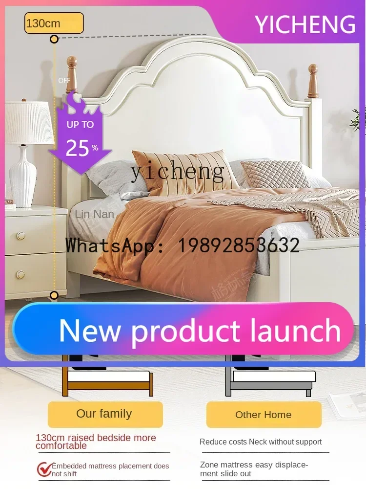 

Solid Wood Bed Vintage Princess Double Bed Master Bedroom White Cream Wind