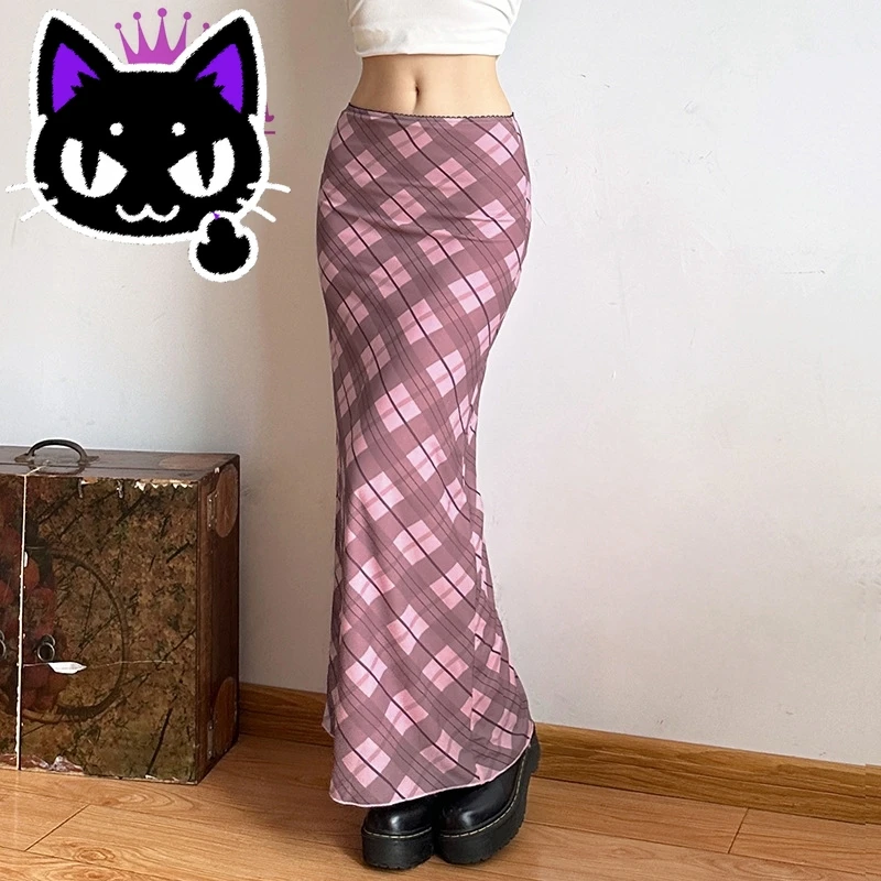 2025 misa hot sale Pink Rhomboid Plaid Skirt Retro Grunge Y2k Straight Skirt High Waist Summer Casual Women Long Skirt Sweet Cut