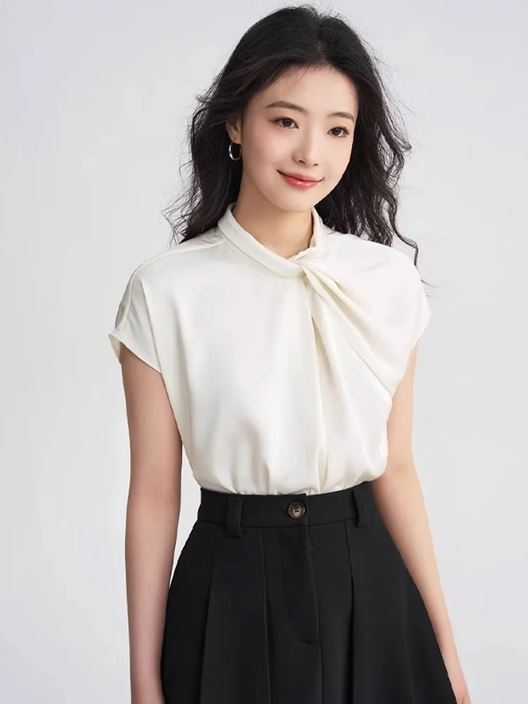 

Шелковая блузка Ele Pure Color для женщин: модный повседневный топ с коротким рукавом, премиум-качество, для миниатюрных дам