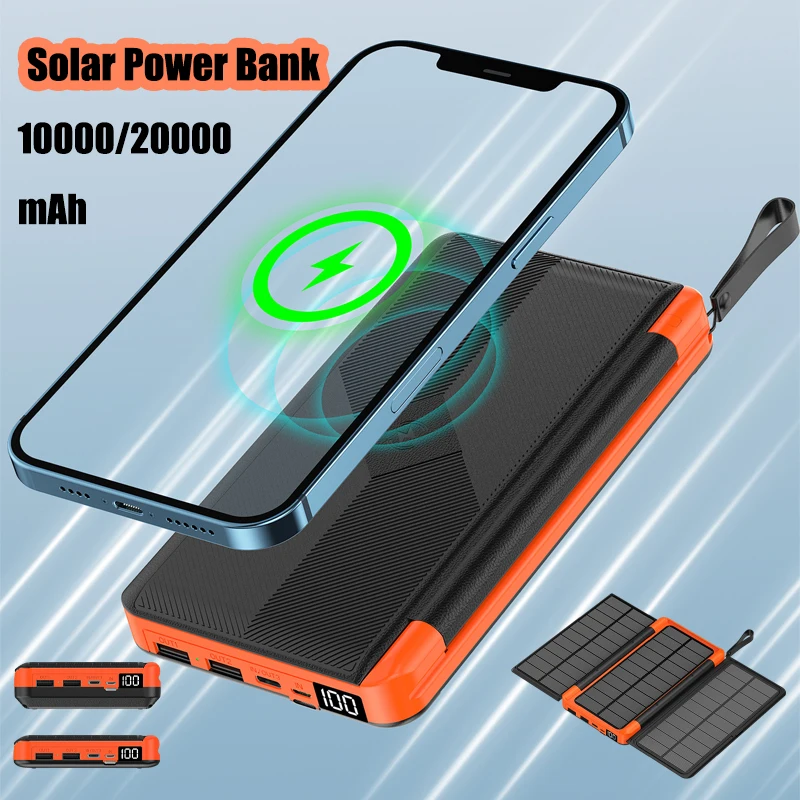 

Новый аккумулятор на солнечной батарее емкостью 20000 мАч, скрытая откидная солнечная панель, беспроводная зарядка, внешний аккумулятор Powerbank для путешествий на открытом воздухе, кемпинга