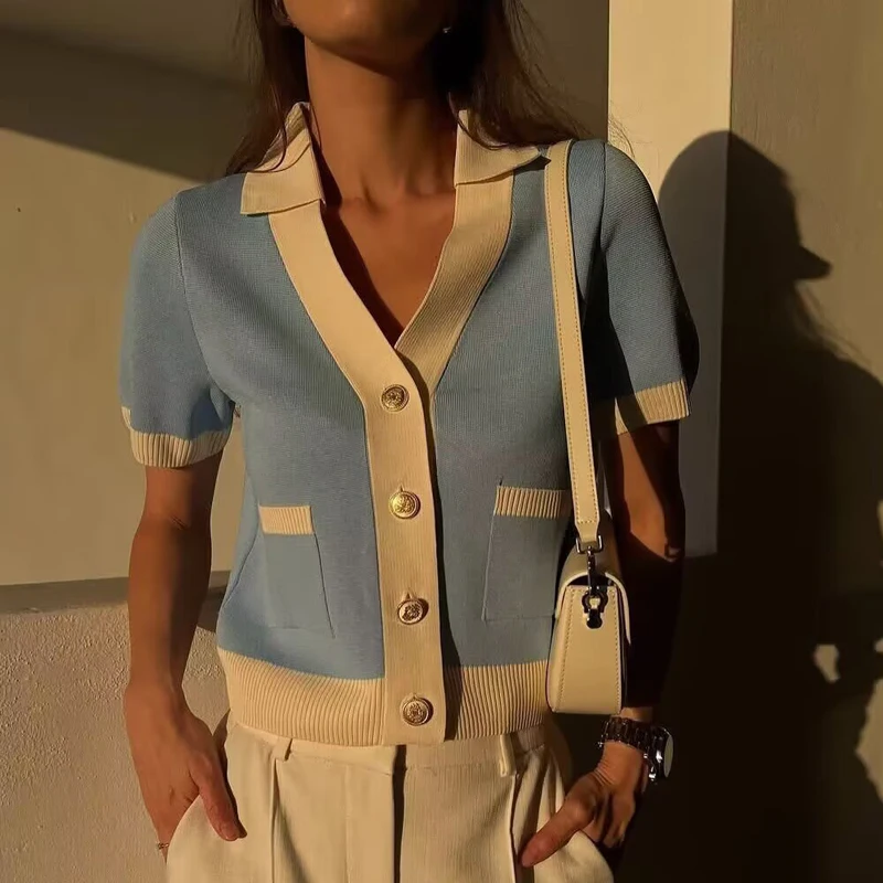 

Crop Knit Cardigan Summer Button Blue Short -sleeved Knitted Crochet Top Chic Ven Korean Style Women Elegant Crochet Cardigan