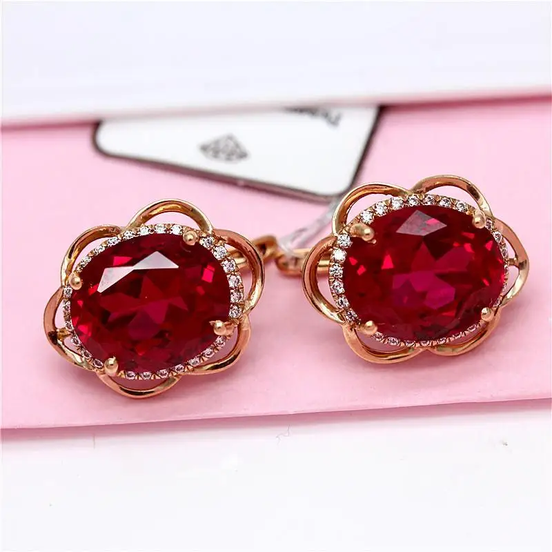 585 Purple Gold Plated 14K Rose Gold Inlaid Ruby Flower Earrings for Women Classic Crystal Sweet Luxury Engagement Jewelry