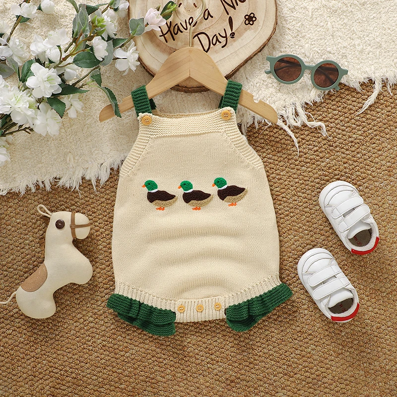 Baby Bodysuit Knit Infant Boy Girl Jumpsuit Sleeveless Newborn Kid Sling Clothes Cute Cartoon Duck Romper 0-18M Overalls Sweater