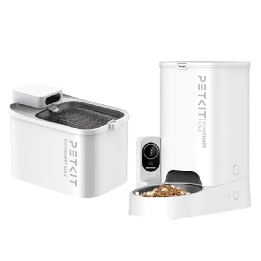 

Indoor cordless pet water fountain and automatic feeder with camera BPA-free plastic white 105 fl oz/3L capacity 2.4G WiFi conn