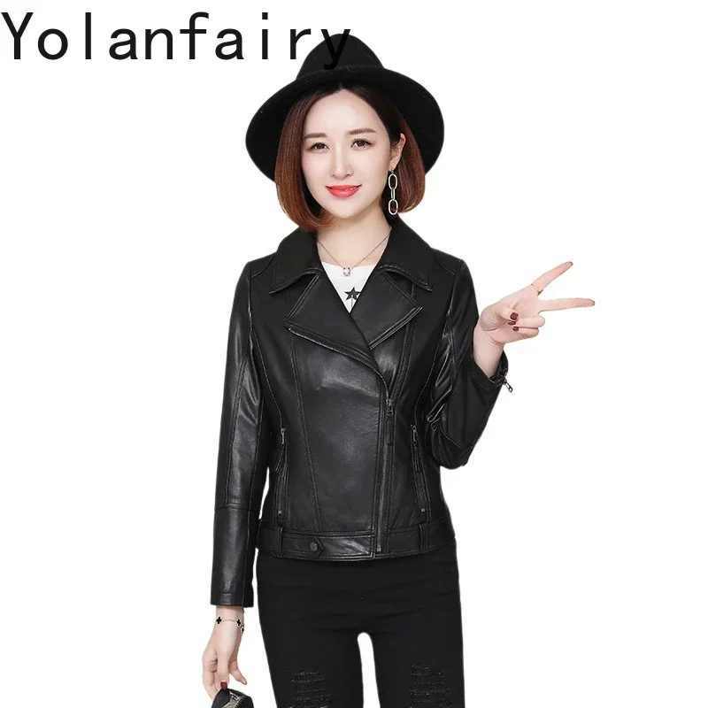 YOLANFAIRY Pure Sheepskin Coat for Women Motorcycle Short Leather Jacket Female Clothiong Single Slim Genuine Leather Clothes FC