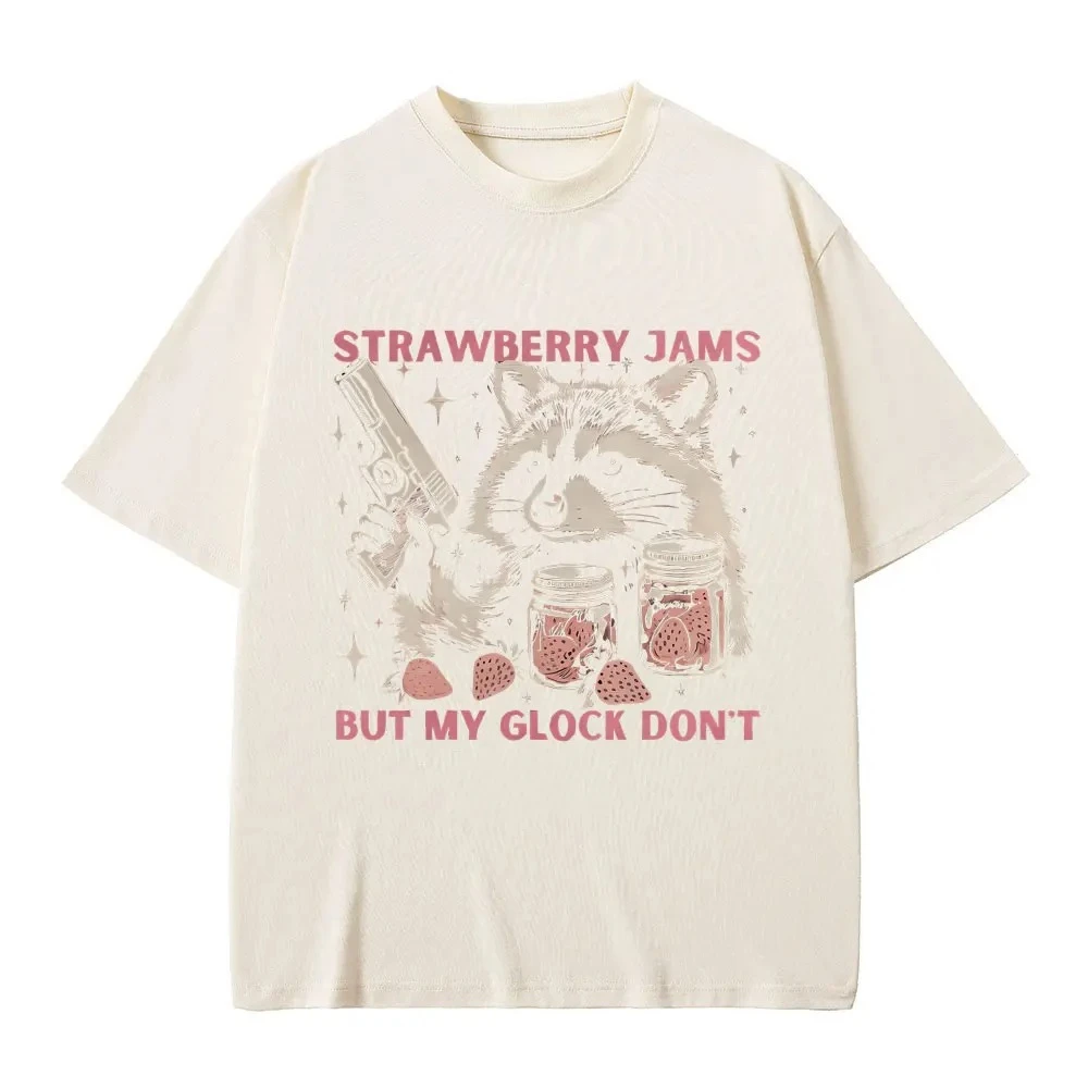 Mermeladas de fresa pero mi Glock no divertido mapache Meme camisetas mujeres Casual Vintage manga corta ropa de calle Top transpirable