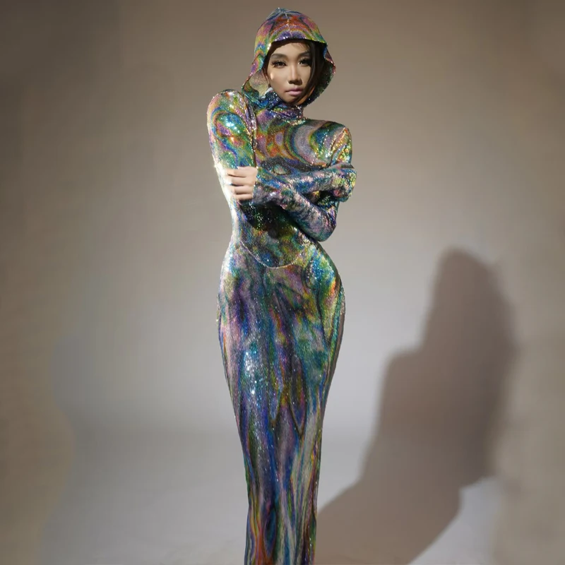 Pailletten Jurk Met Capuchon Dames Laser Rave Wear Party Outfit Avondjurken Stage Gogo Danskostuum