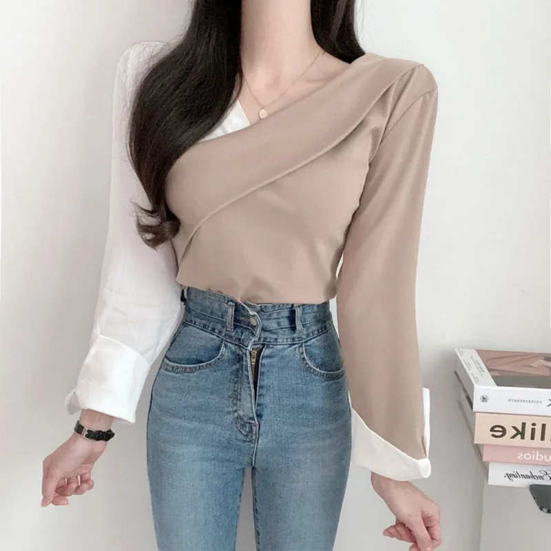 Women Blouse Panelled Vintage Temper Irregular Tops Casual Office Lady Ulzzang Fashion Spring Blusas De Mujer Daily Classic Chic