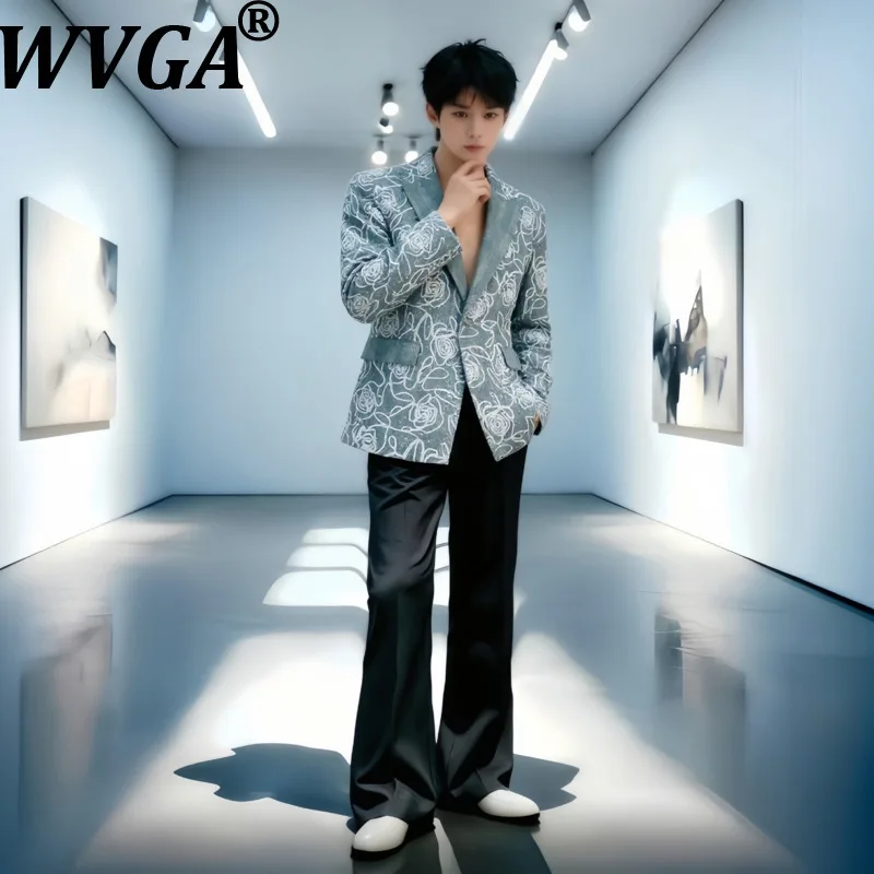 WVGA Autumn New Men Floral Plant-patterned Sequin Embroidered Padded-shoulders Blazer Niche Casual Straight Pants Set Ins W28068