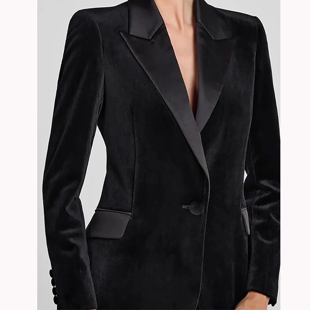 Velvet Blazer Set Elegant Vintage Simple Peak Lape 2 Pieces(Jacket+Flared Pants) Velvet Long Sleeve with Covered Buttons