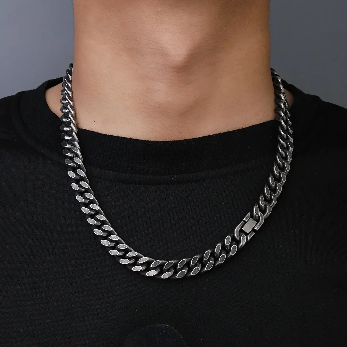 Gun Metal Black Titanium 11mm Figaro Four Sides Cube Chain For Men Hip Hop Stainless Steel Jewelry Waterproof Necklace