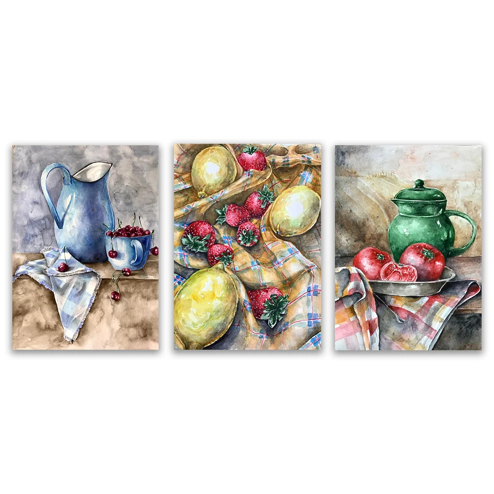 

Lemons and Strawberries,Tomatoes and jug,Apples and Pumpkin ,Cherries still life Watercolor Painting, Kitchen wall art