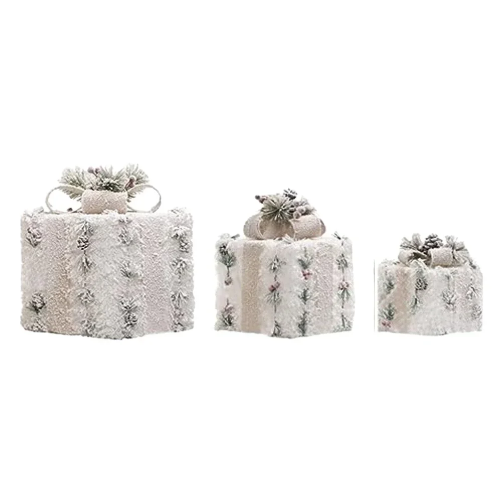 Set of 3 Decorative Christmas Light Up Boxes with Plush Material Metal Frame and Timer Function for Holiday Ambiance