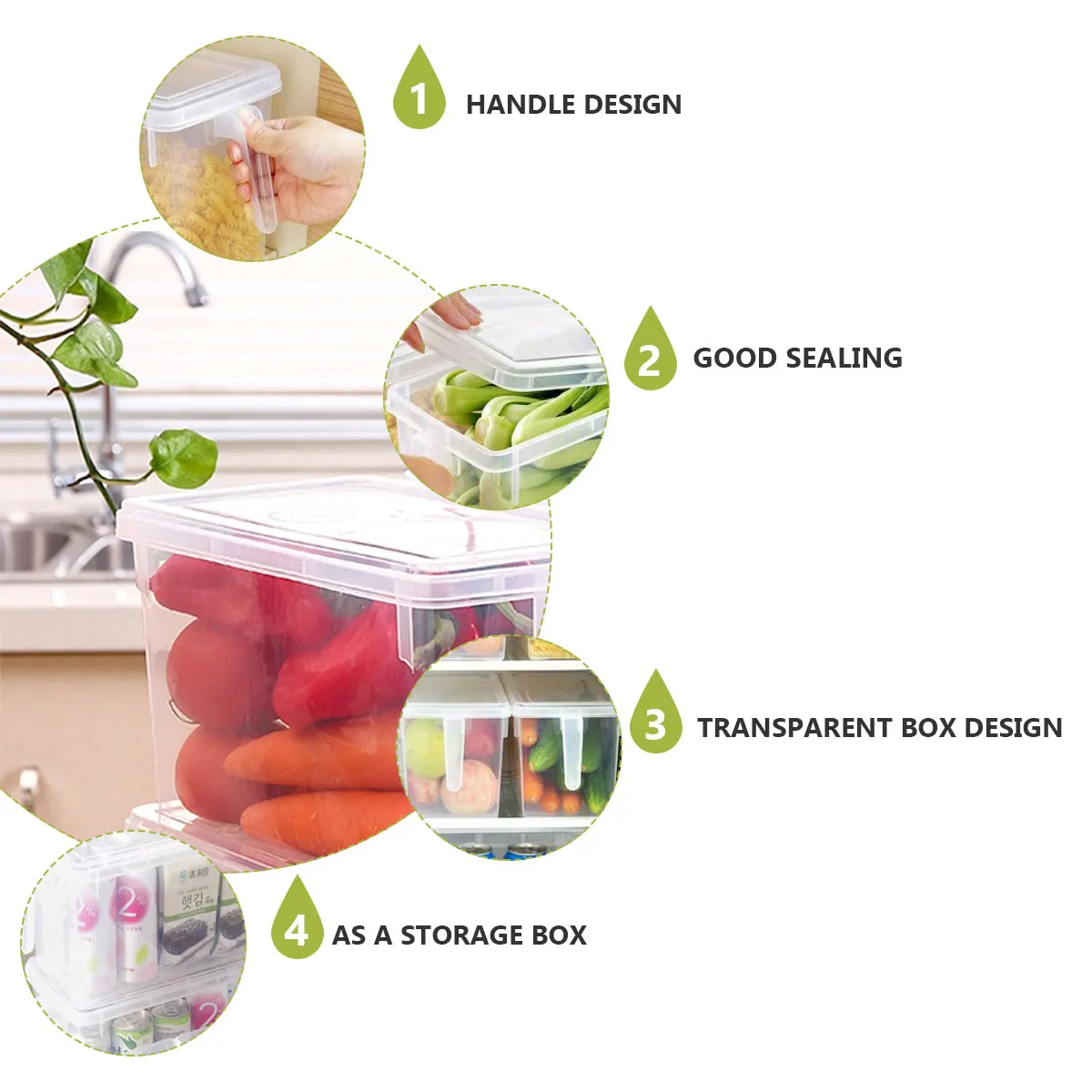 

2Pcs Refrigerator Storage Box Transparent Plastic Organizer Bin Portable Handle Large Capacity Food Storage Container