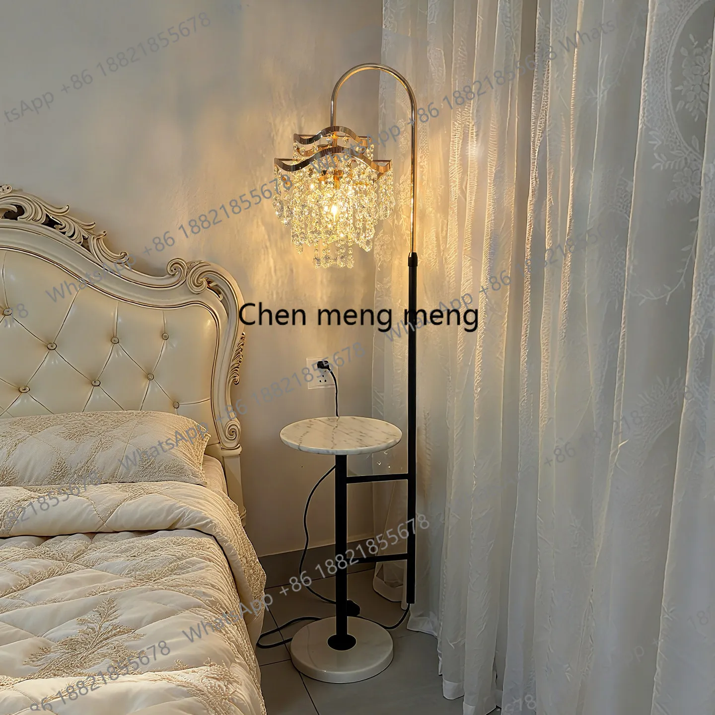 

Living room crystal floor lamp French American retro style, bedroom bedside marble edge shelf desk lamp