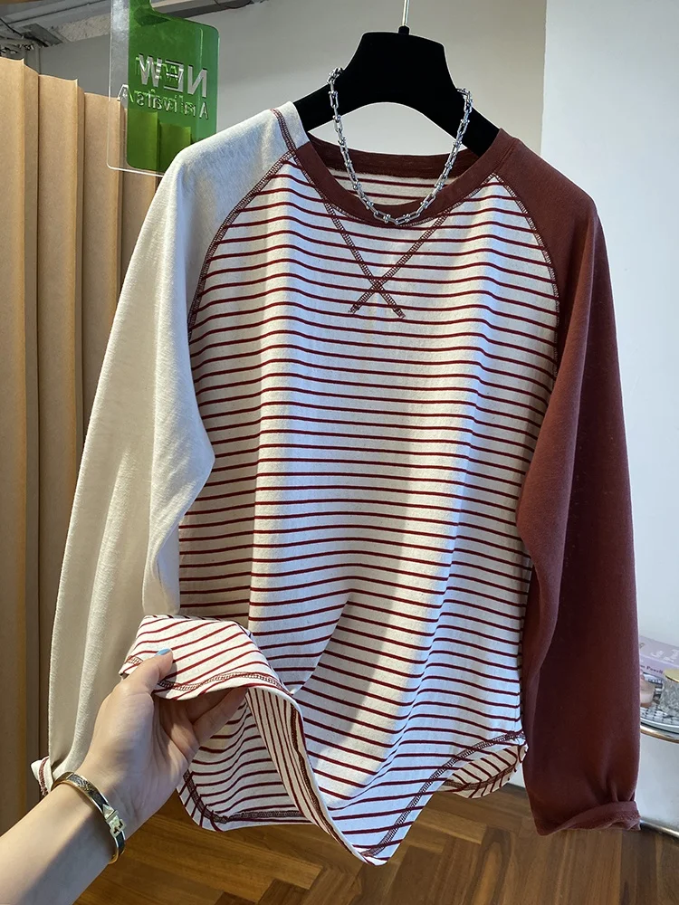 

plus Size Women's Long Sleeve T-Shirt Striped Insert Shoulder Sleeve Top Slimming Base Layer Spring Autumn Vintage Style