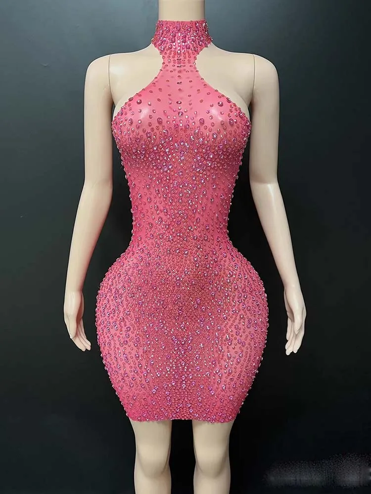 

High Quality Rhinestone Sexy Hanging Neck Mesh Dress 2025 New Fashion Custom Women'S Clothing
