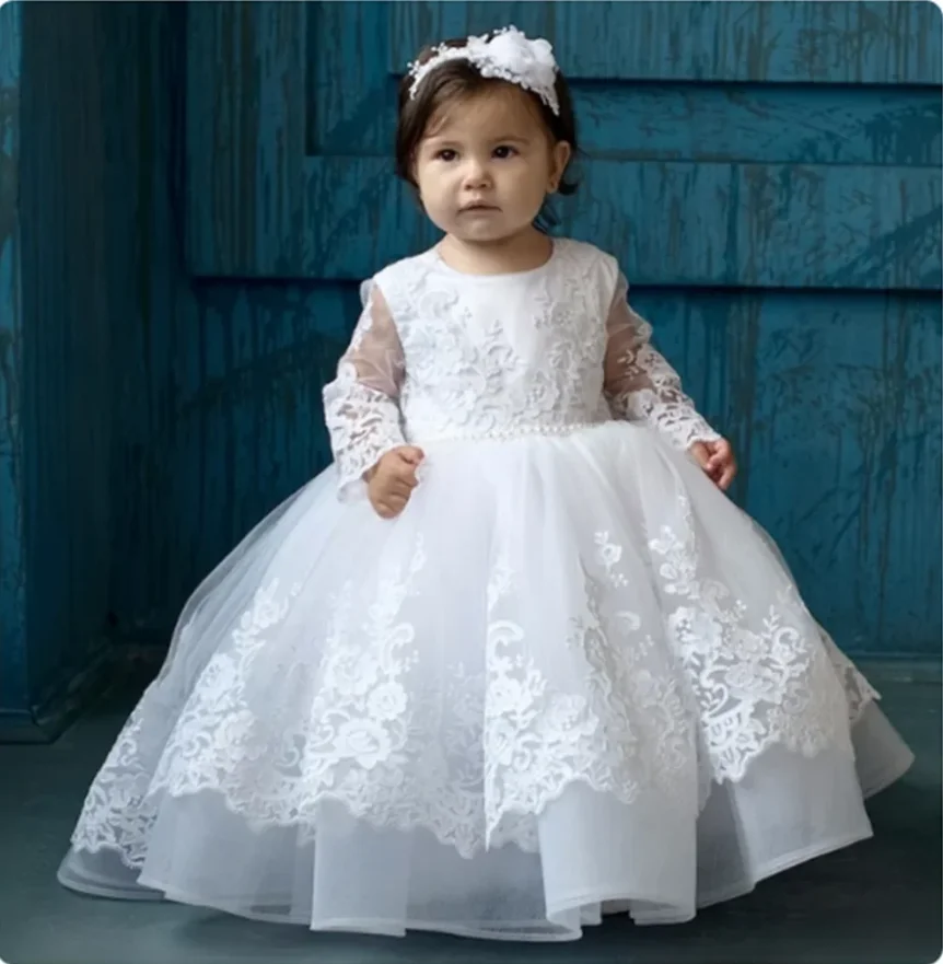 

Flower Girl Dresses White Lace Tulle Princess Long Sleeves Baby Girl Baptism Gown First Communion Dress