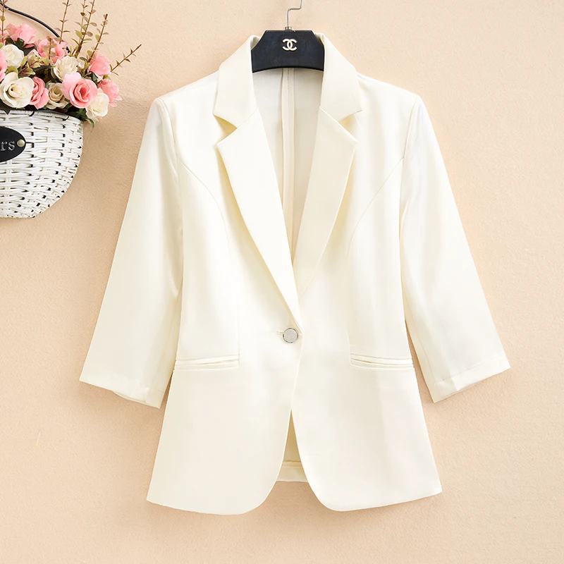 

Ice Sensation Satin Short Suit Jacket Women's Slim Fit Three-Quarter Sleeve Waist Cinched Thin Outerwear Top for Spring Summer