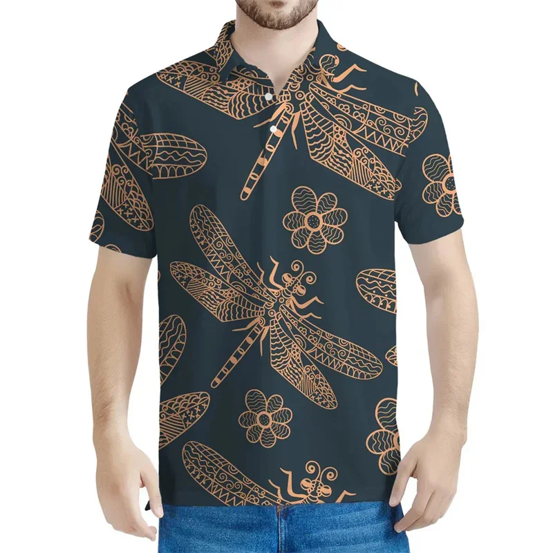 

3D Printed Cartoon Dragonfly Polo Shirt For Men Animal Pattern T-Shirts Summer Casual Oversized Street Button Tees Lapel Tops