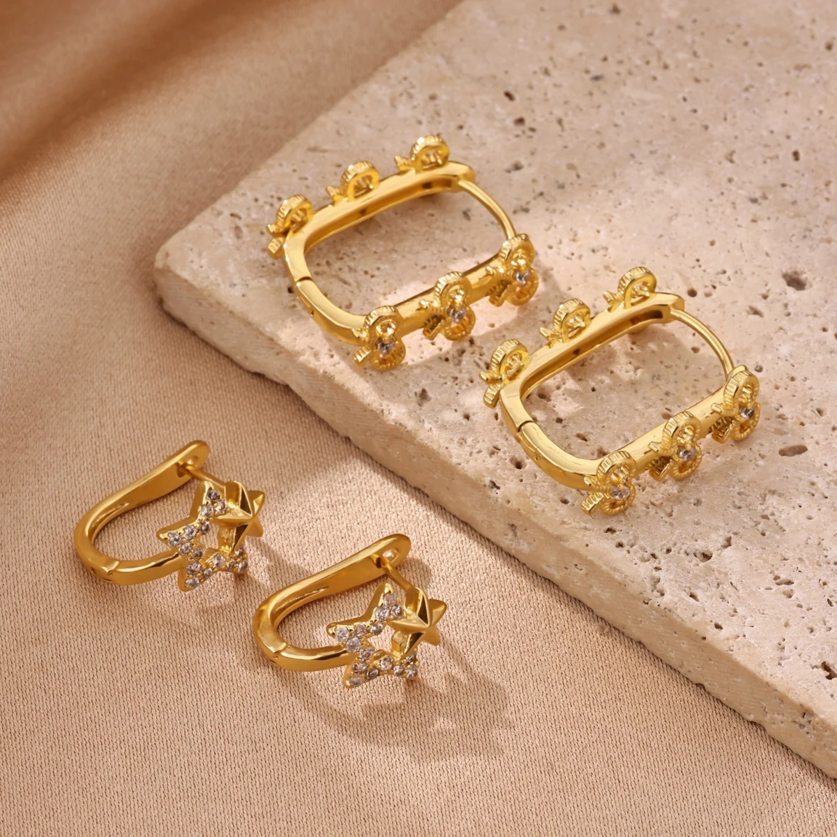 Trendy Star & Flower Zircon Geometric Hoop Earrings For Women Gold Color Stainless Steel Daily Dating Party Jewelry