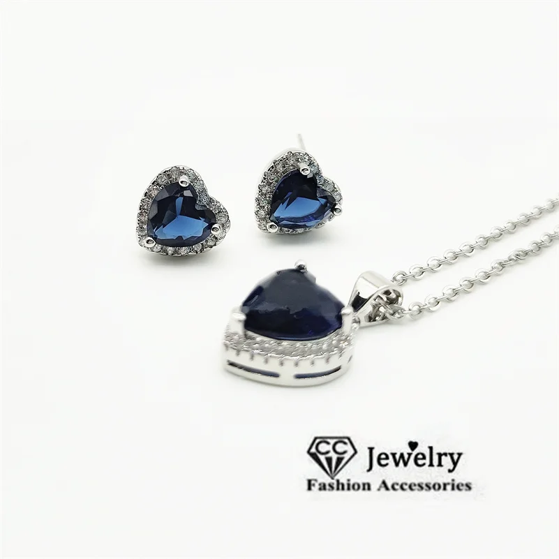 CC Stud Earring Necklace Jewelry Set For Women 2pcs Blue Heart Zirconia Stone Silver Color Love Fashion Accessories