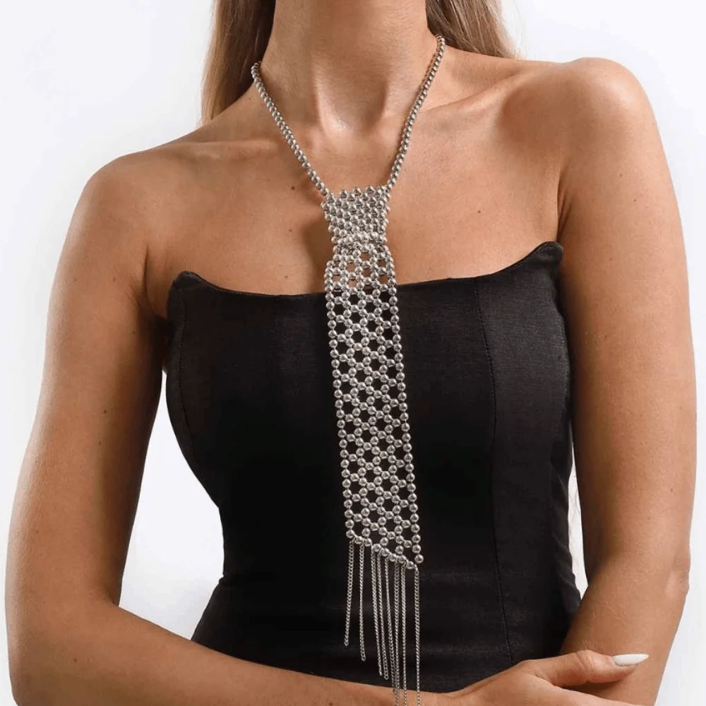 Korean Pearl Tie Woven Handmade Beads Necktie Minimalist Collar Decoration Tassel Necklace JK Uniform Decoration