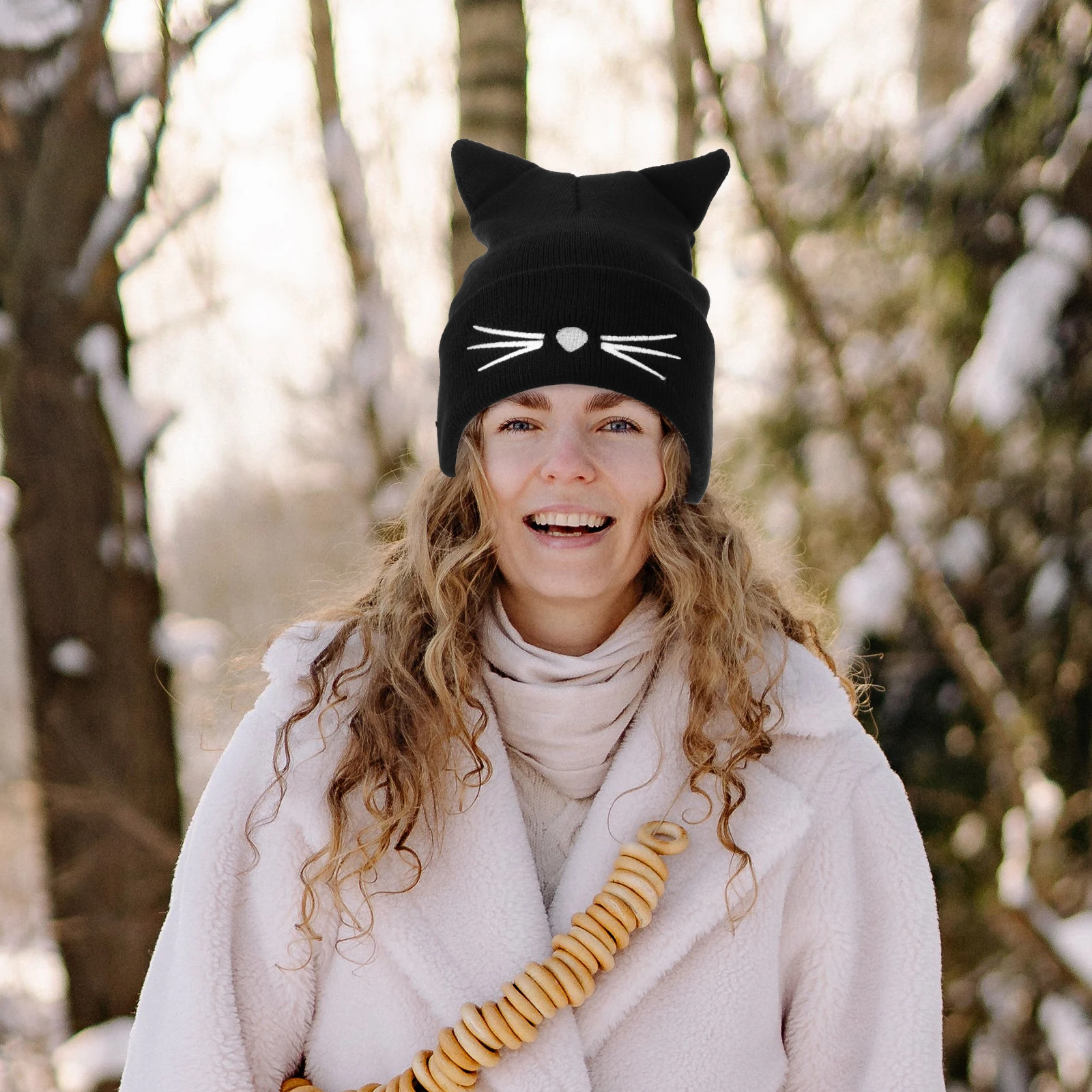 

Women's Winter Hat Cat Ear Crochet Braided Knit Caps with Pom Cat Ears for Women Girls (Black)