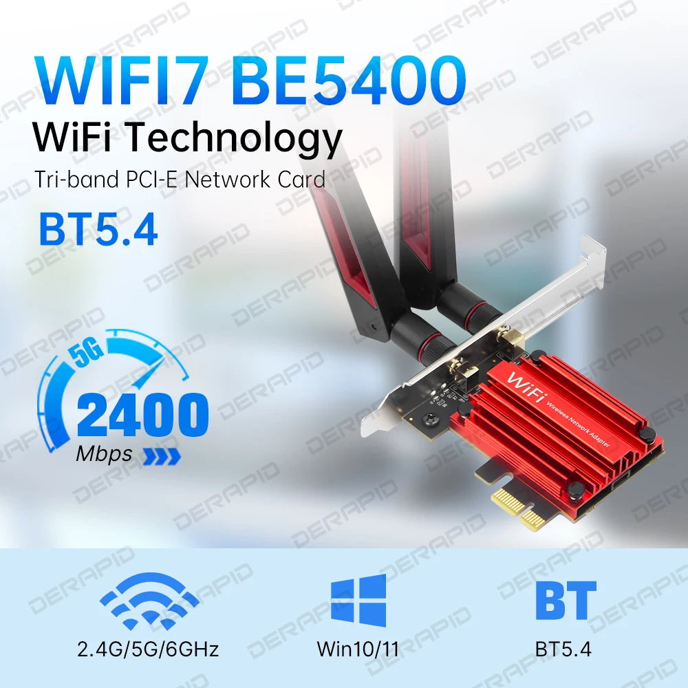 

WiFi 7 BE5400 PCIe Network Card with MT7925 Chip Bluetooth 5.4 for Windows 11/10 Gaming Streaming 2.4G/5G/6GHz Support Win10/11