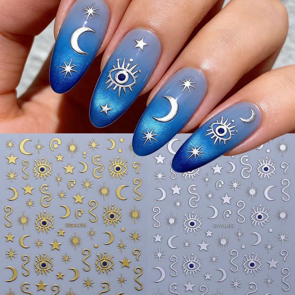 2/3 Stück Bohemian Style 3D Nagelkunst-Aufkleber Gold Silber Holographische Böse-Augen Nagelsticker Stern Mond Aufkleber DIY Nageldekoration – Detail 2