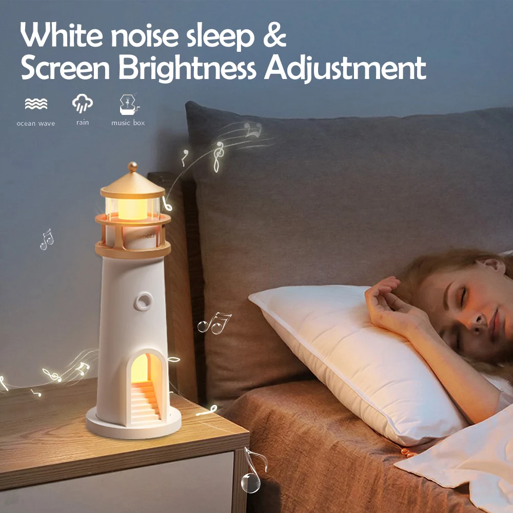 Bluetooth White Lighthouse Noise Music Night Light Dimmable Decorative Sensor Beside Nightlights Moon Projection Desktop Lamp