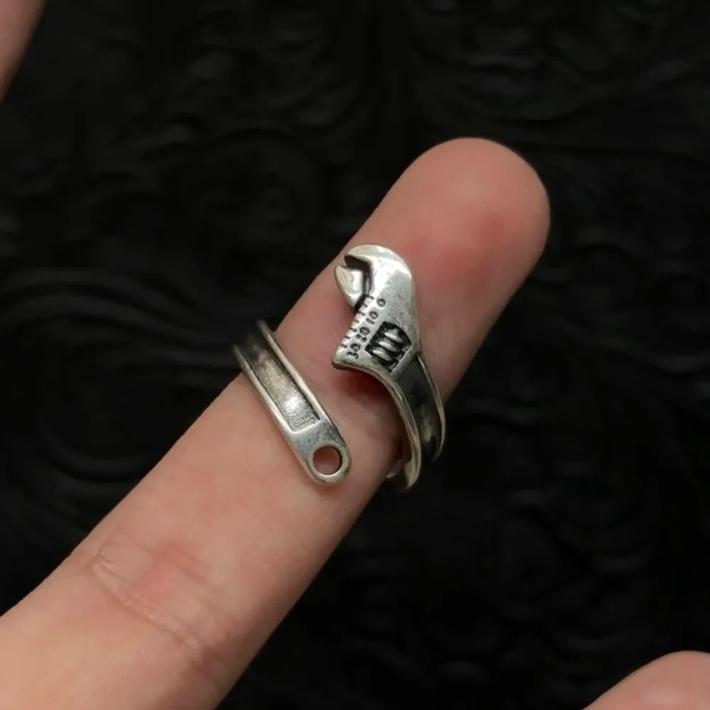 Adjustable Wrench-Shaped Open Ring Silver Plated Heavy Duty Spanner Finger Ring Industrial Look Rock Biker Jewelry Boys Girls