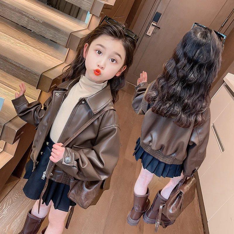 2026 Spring Autumn Girls PU Leather Jacket Fashion Motorcycle Style Lapel Zipper Jacket 1 To 14 Years Kids Short Cool Outerwear