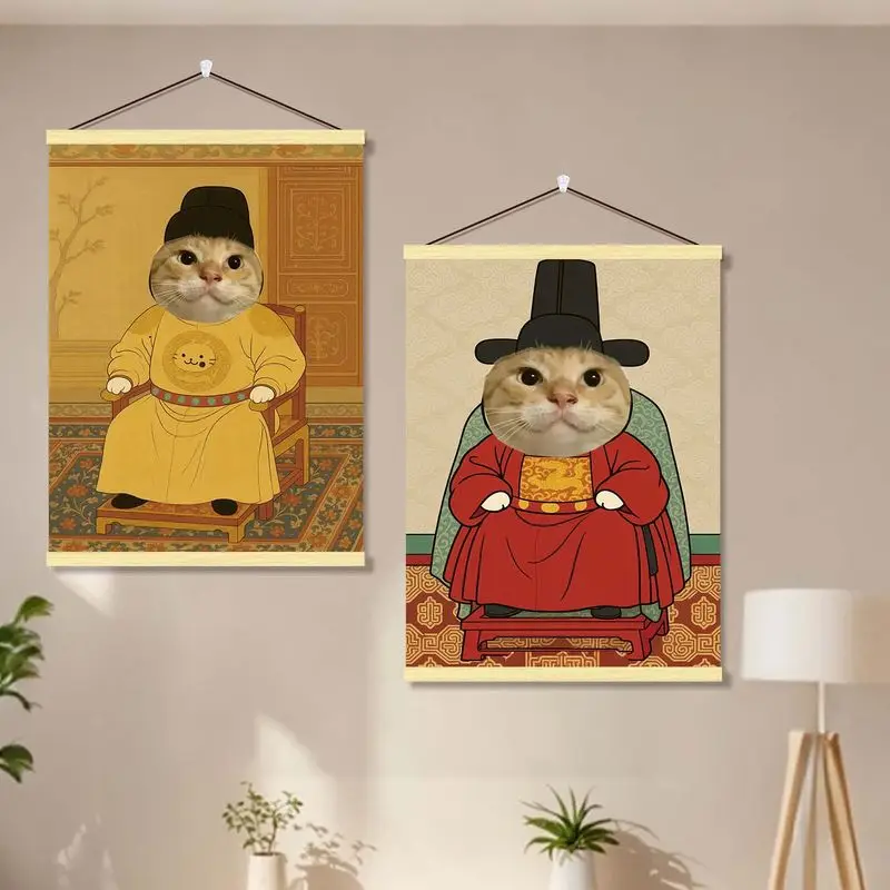 VIKAMA Funny Ancient Royal Cat Wooden Hanger Tapestry Cute Chinese Retro Cartoon Wall Hanging Bedroom Home Wall Decoration