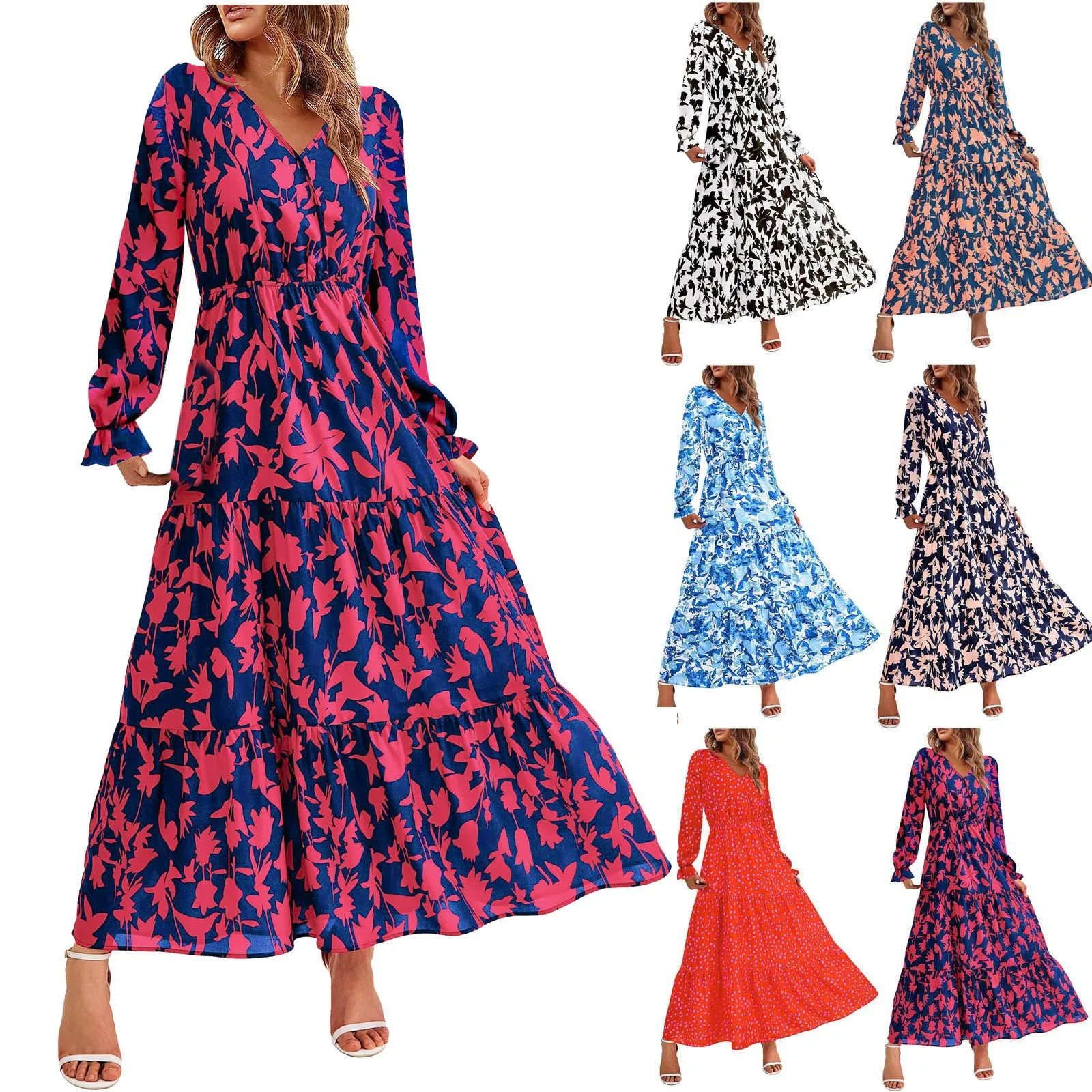 Abiti autunnali da donna Casual manica lunga scollo a V Abiti maxi stampati Boho floreali per abiti estivi per le vacanze degli ospiti di nozze Taglie forti